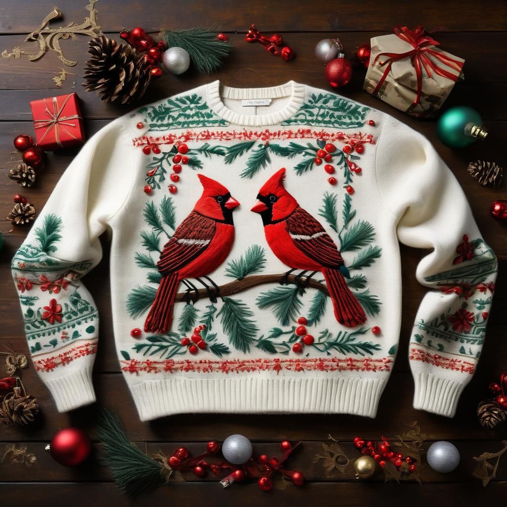 Vintage Christmas Sweater with Cardinals in Folk Art Embroid...