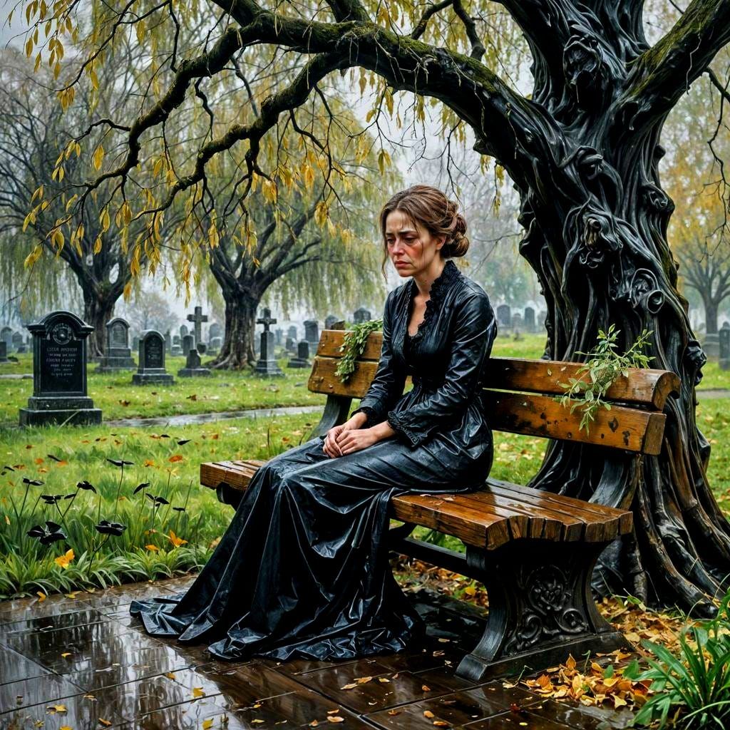 Mourning Woman in Graveyard Impasto Painting