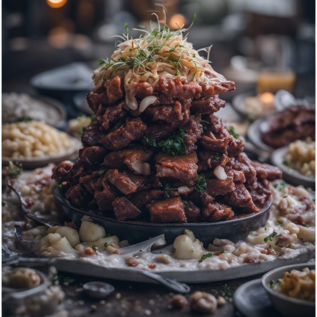 A mountain of meat rises from a sea of chowder