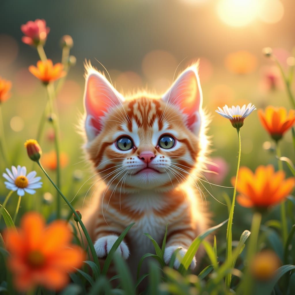 Cute Kitten with Funny Eyes in Flower Meadow