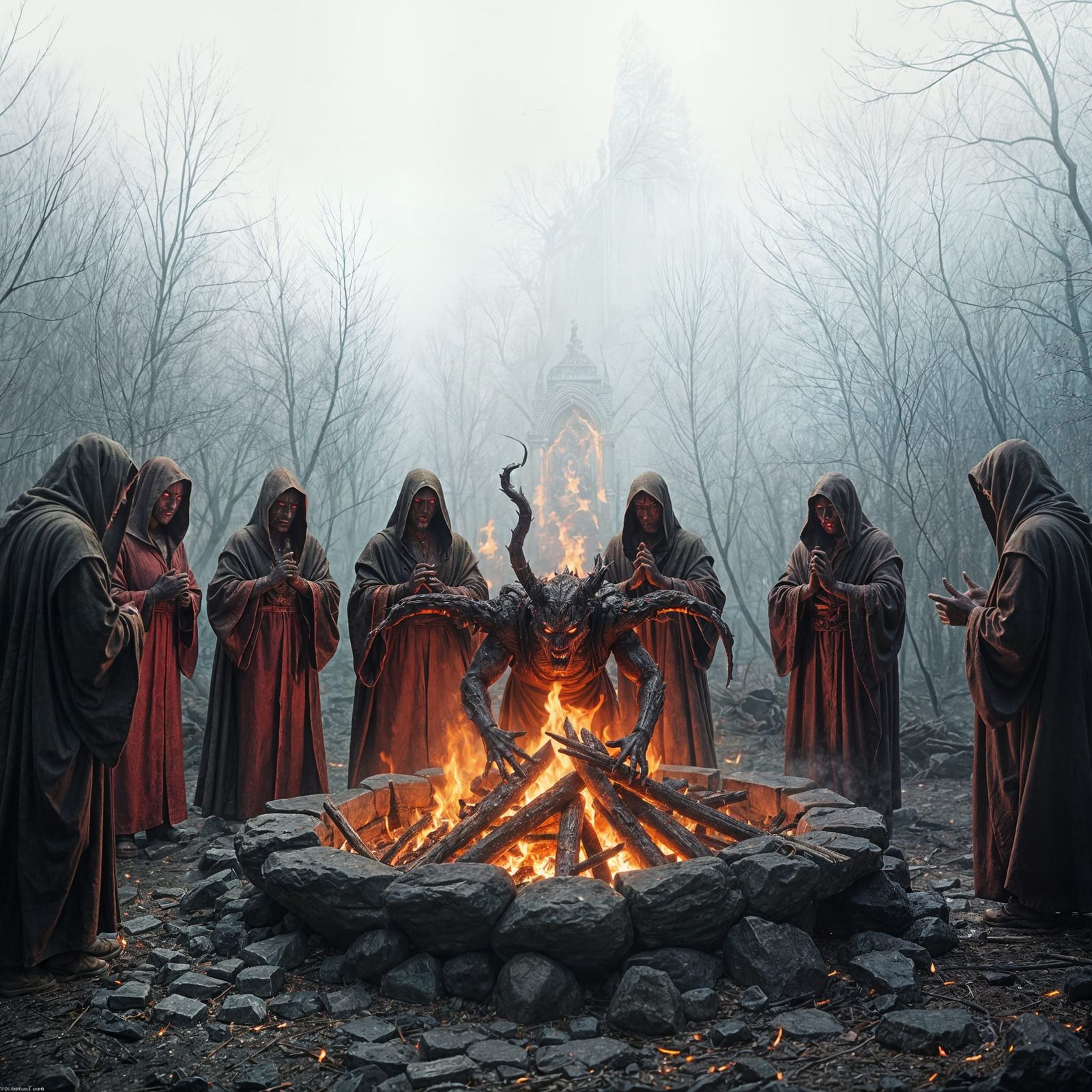Dark Satanic Figures Gather Around Burning Inferno