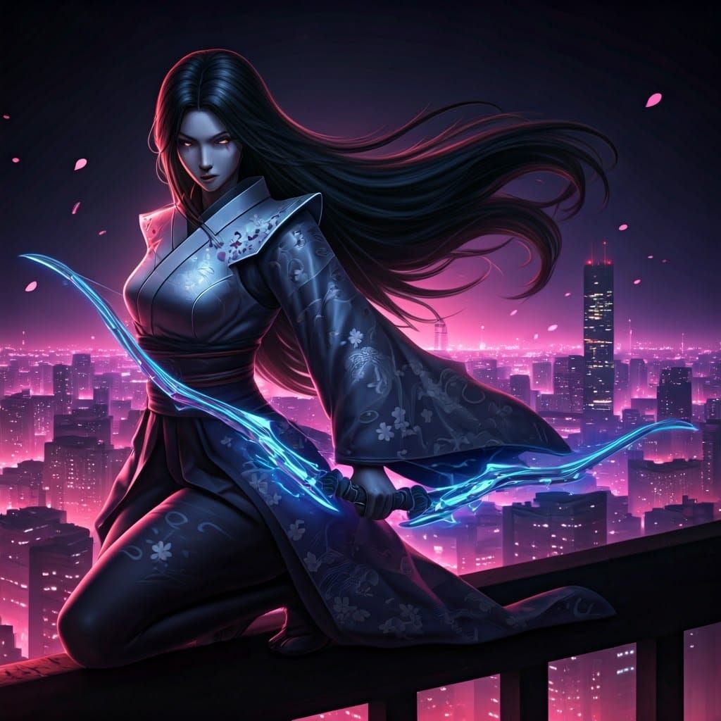 Cyberpunk Ronin with Bow on Rooftop in Cityscape