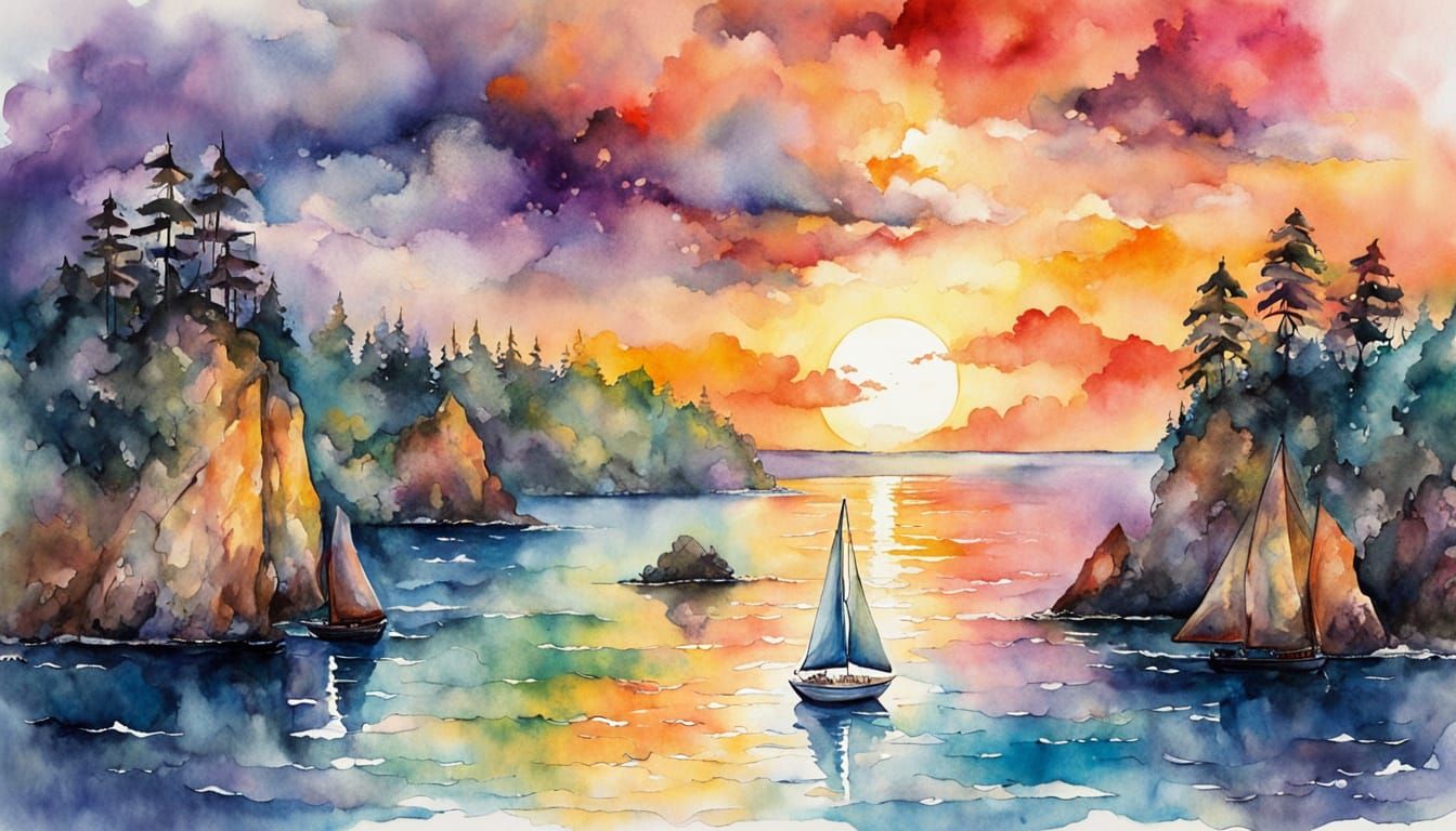 Mystical Sailboat Approaching Secret Cove at Sunset