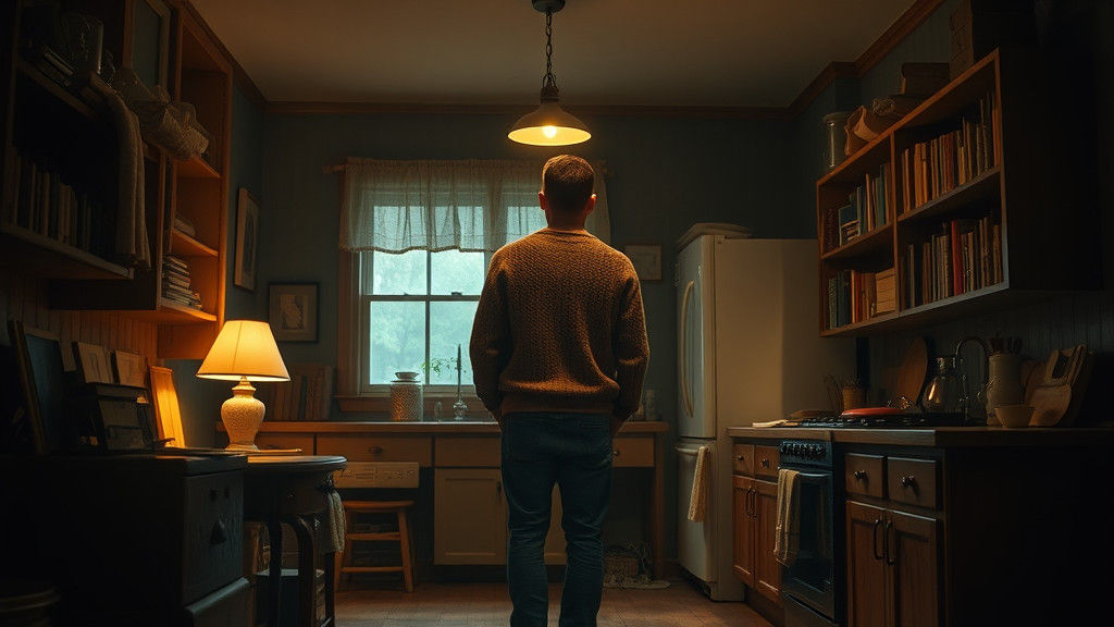 Solitary Figure in Kitchen, Realist Painting Style