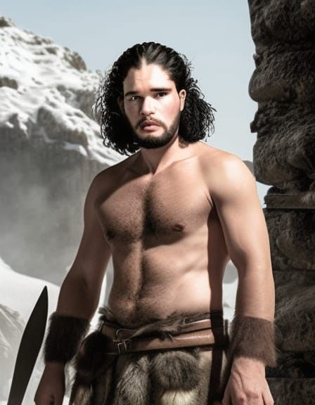 A realistic picture of Jon Snow as a caveman.