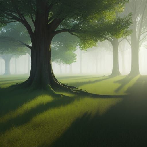 Ethereal Green Tree in Dramatic Sunlight