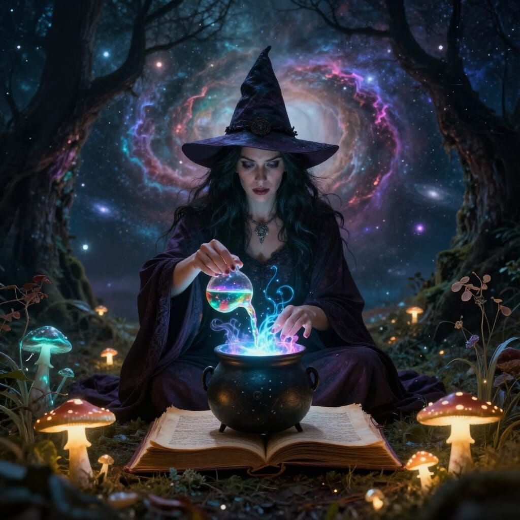Witch Brewing Potion Under Cosmic Sky