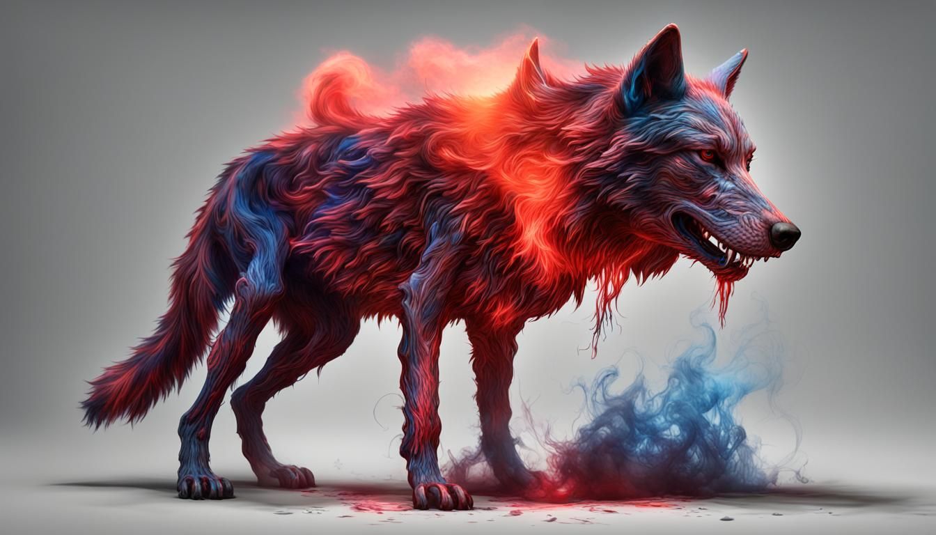 Detailed 3D Wolf in Colored Smoke with Linework