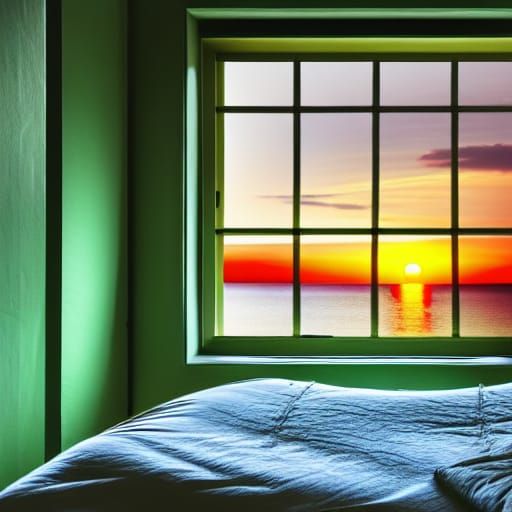 Seascape Through Green Window at Sunset Storm