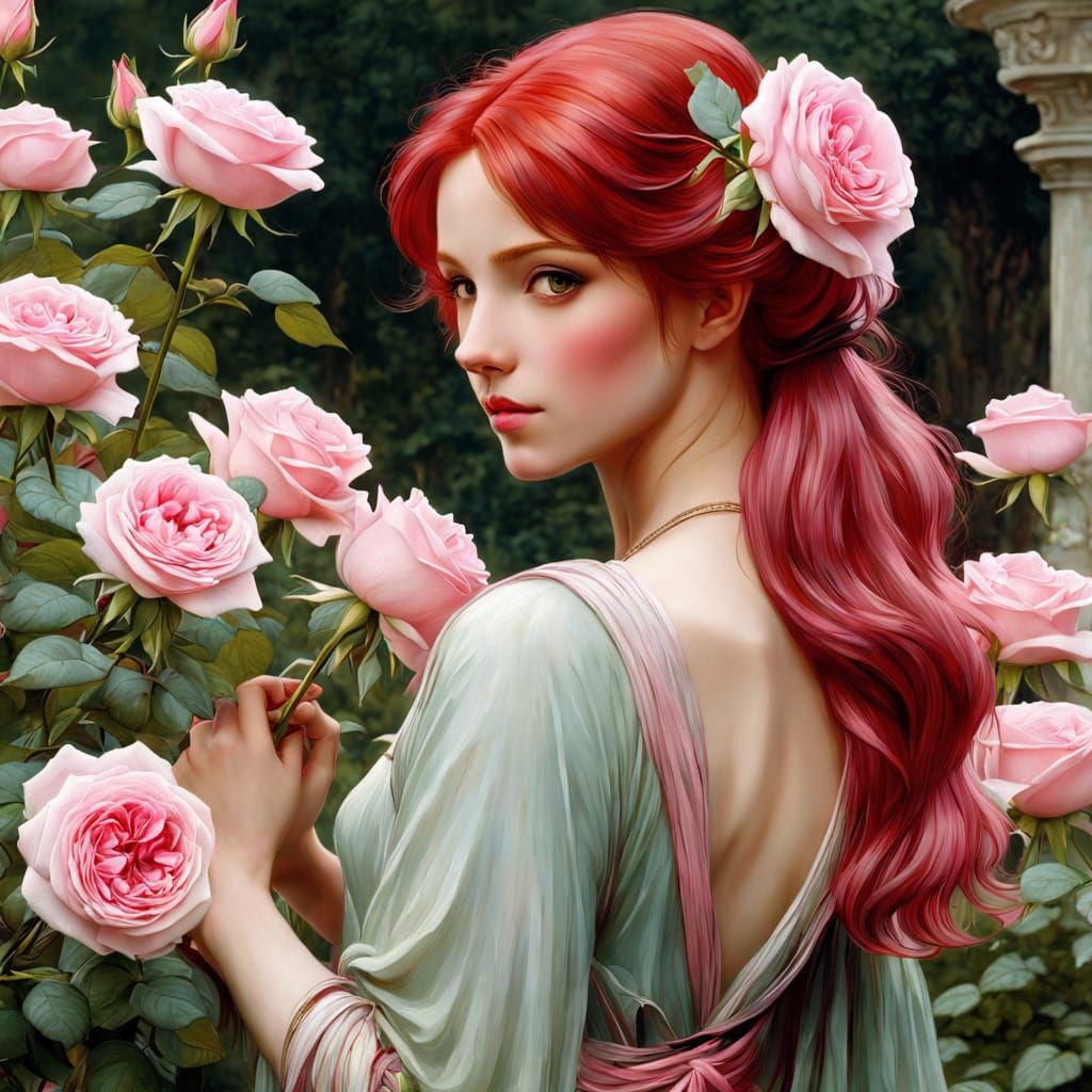 Red-Haired Woman with Roses in Pre-Raphaelite Style