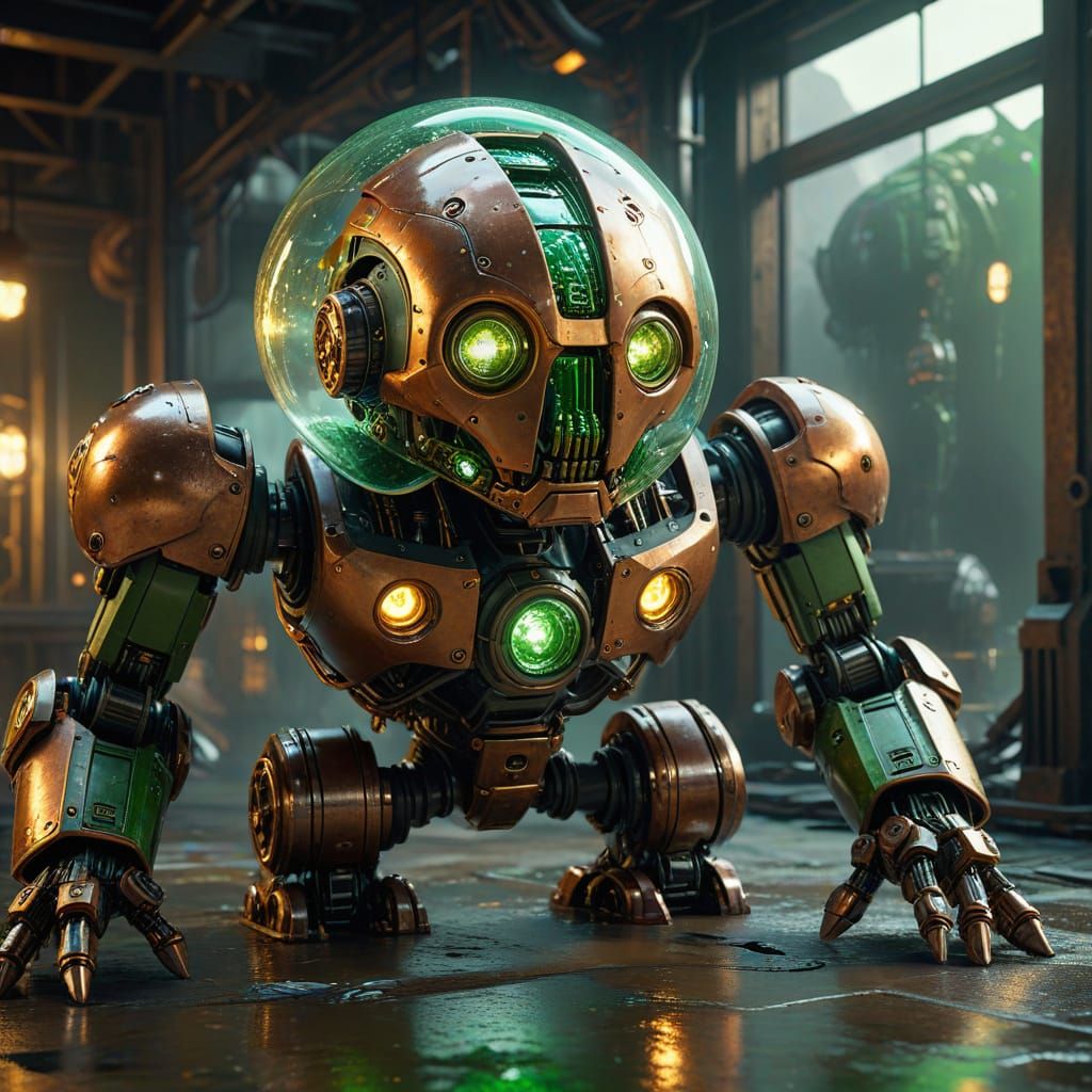 Giant Steampunk Robot in Sci-Fi Cityscape