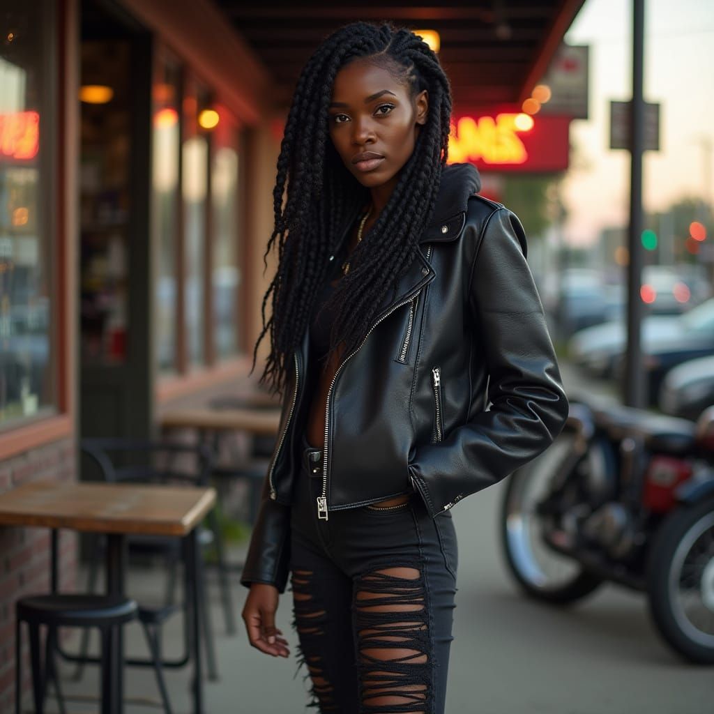 Hyperrealistic Biker Woman in Late Afternoon Sunlight