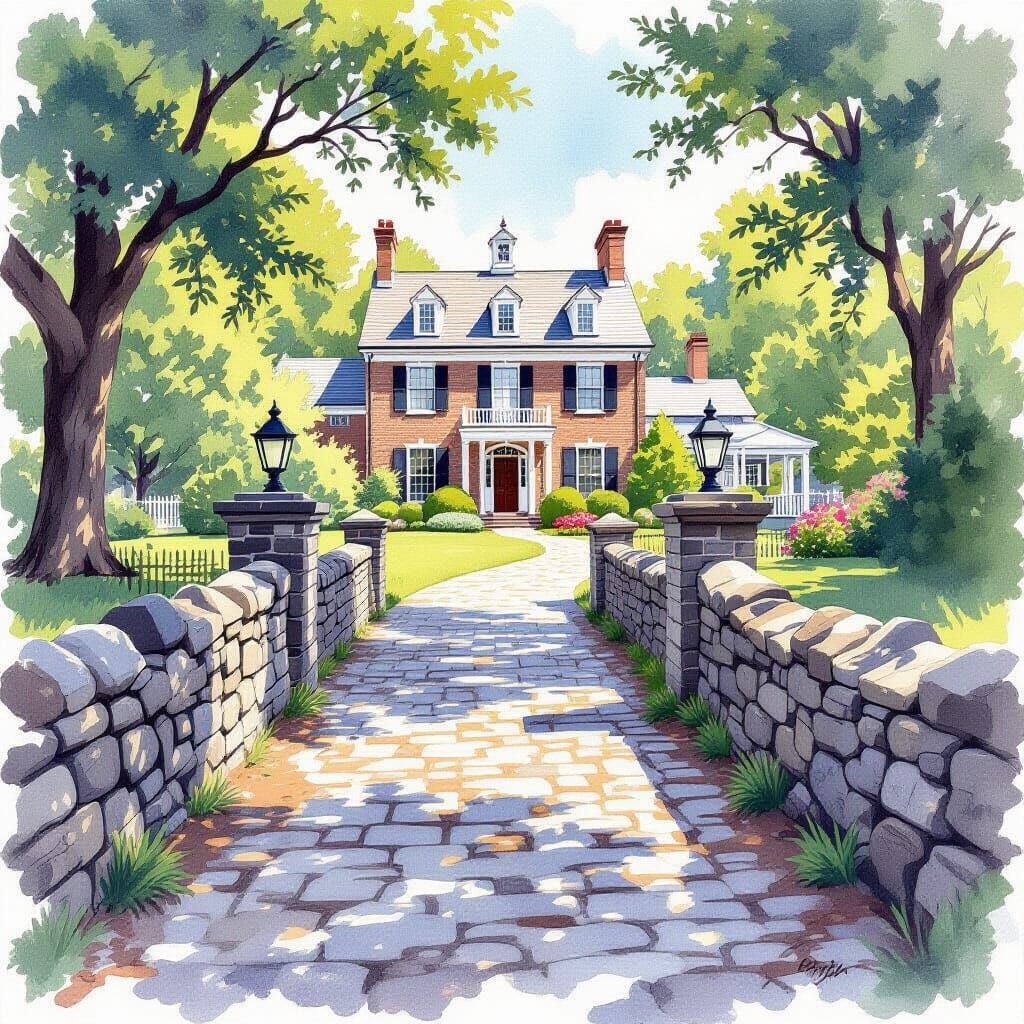 Pathway to Colonial Home in Watercolor Style
