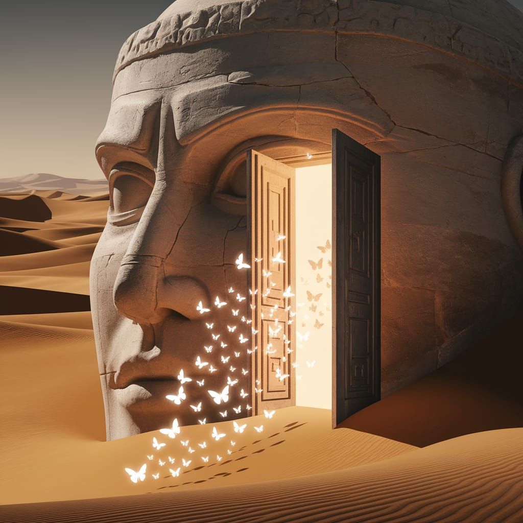 Colossal Stone Head With Door in Desert