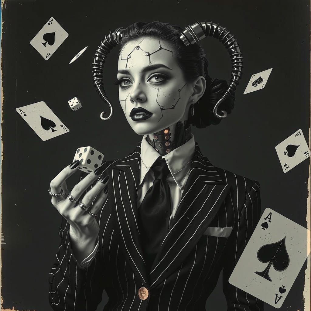 Cyber-Noir Female Cyborg Archangel Portrait in Vintage and S...