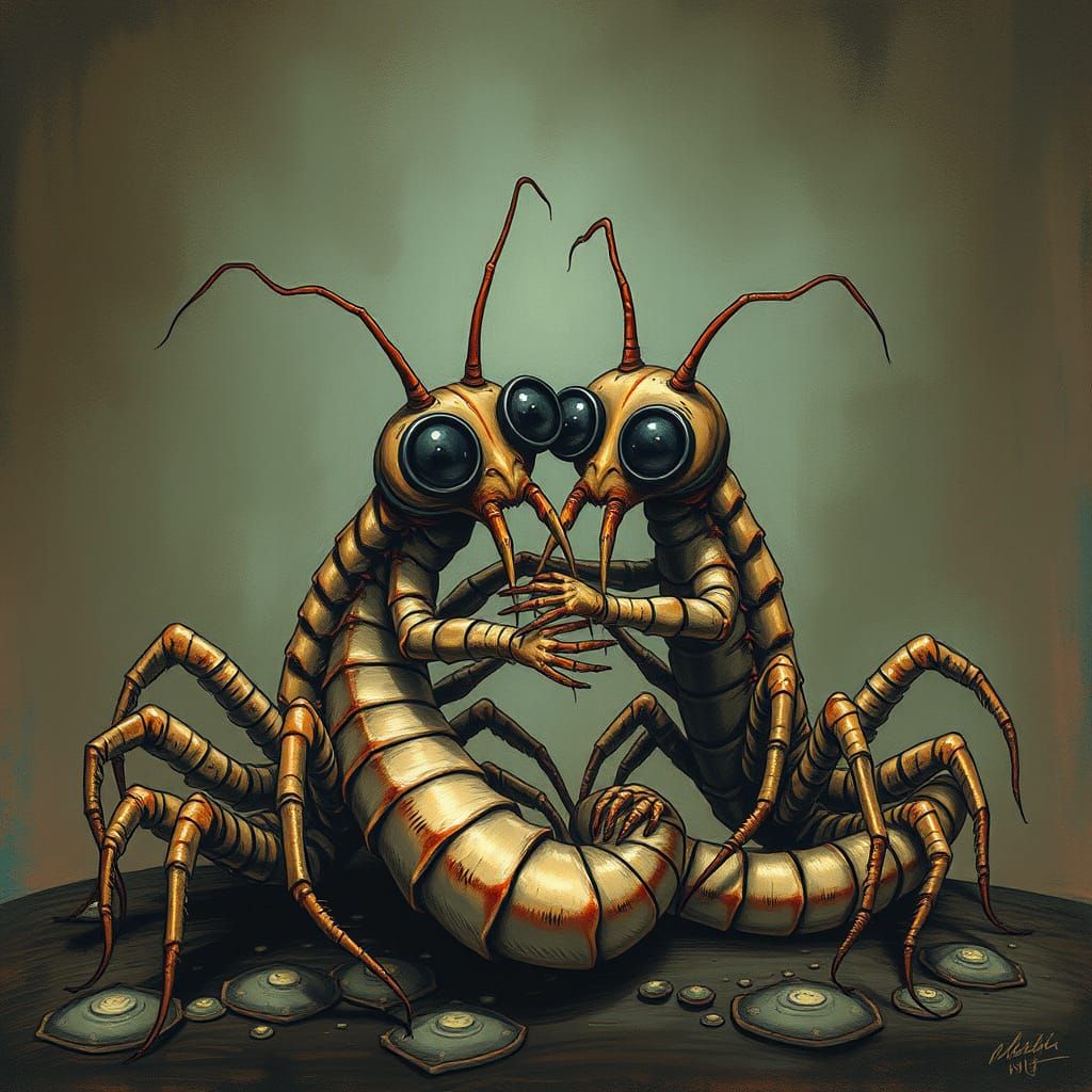Macabre Centipede Embrace in Whimsical, Eerie Style