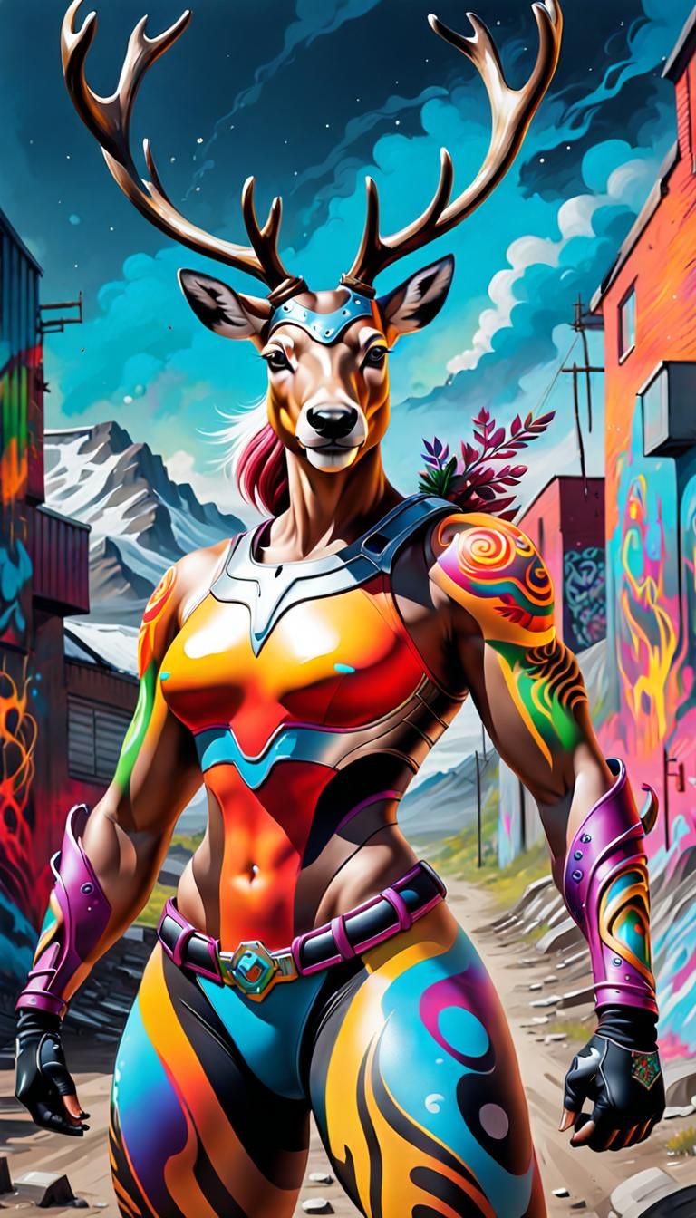 Battle-Ready Reindeer Humanoid in Graffiti Street Art