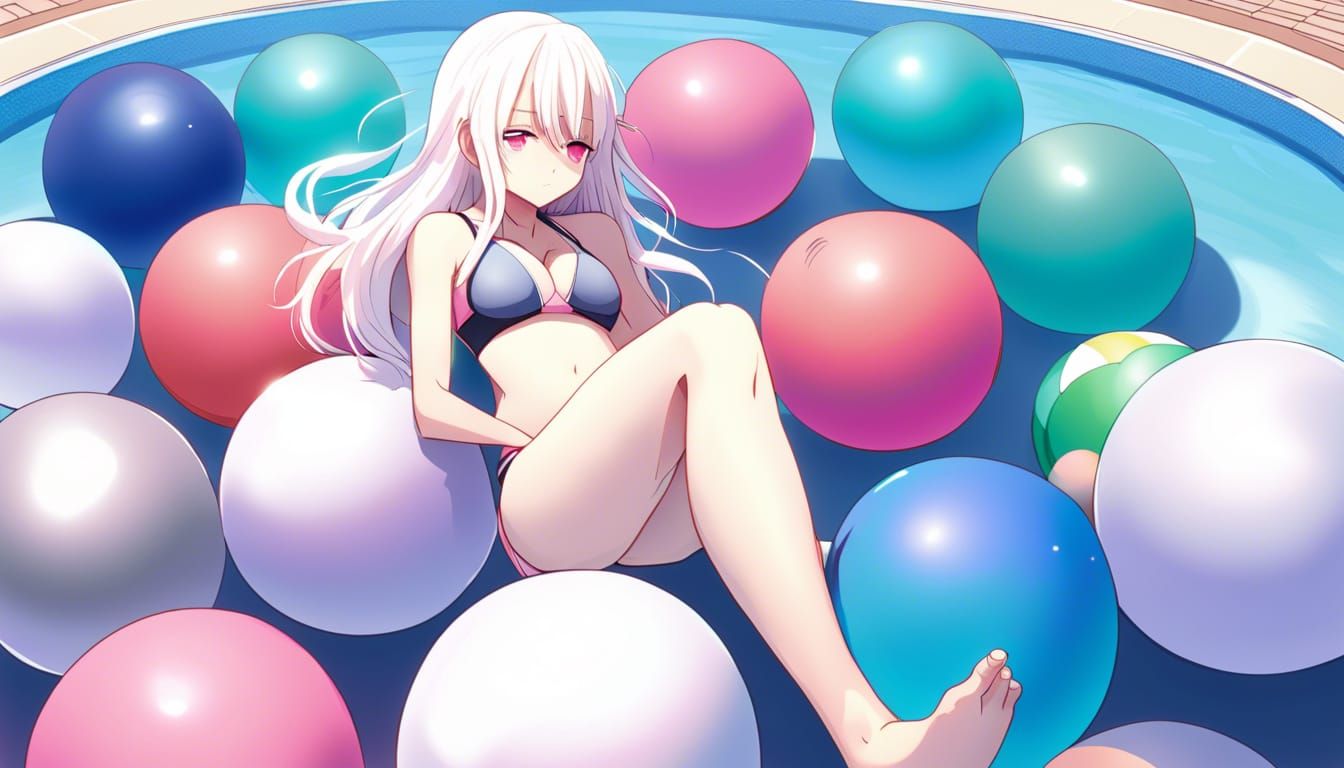 Anime Girl Lounging on Yoga Balls in Pool