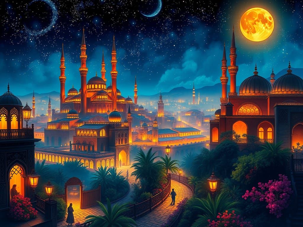 Fantastical Arabian Nights City Under Starry Sky