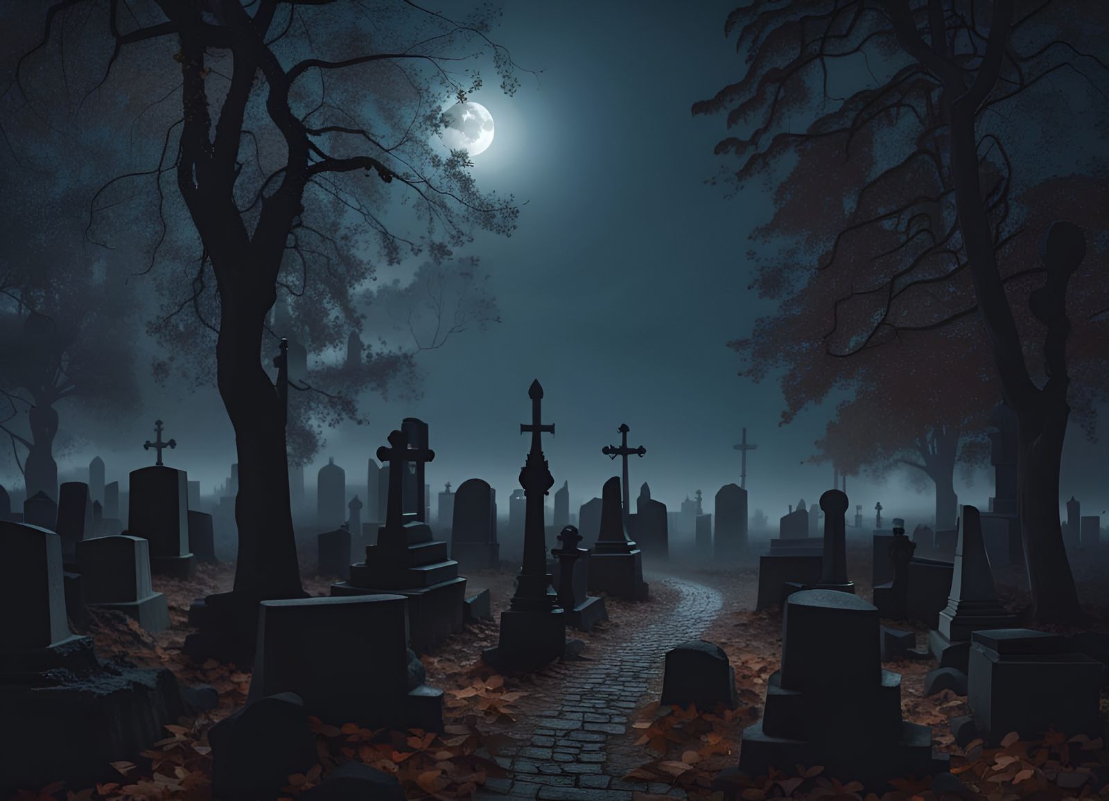 Foggy Full Moon Over Old European Cemetery