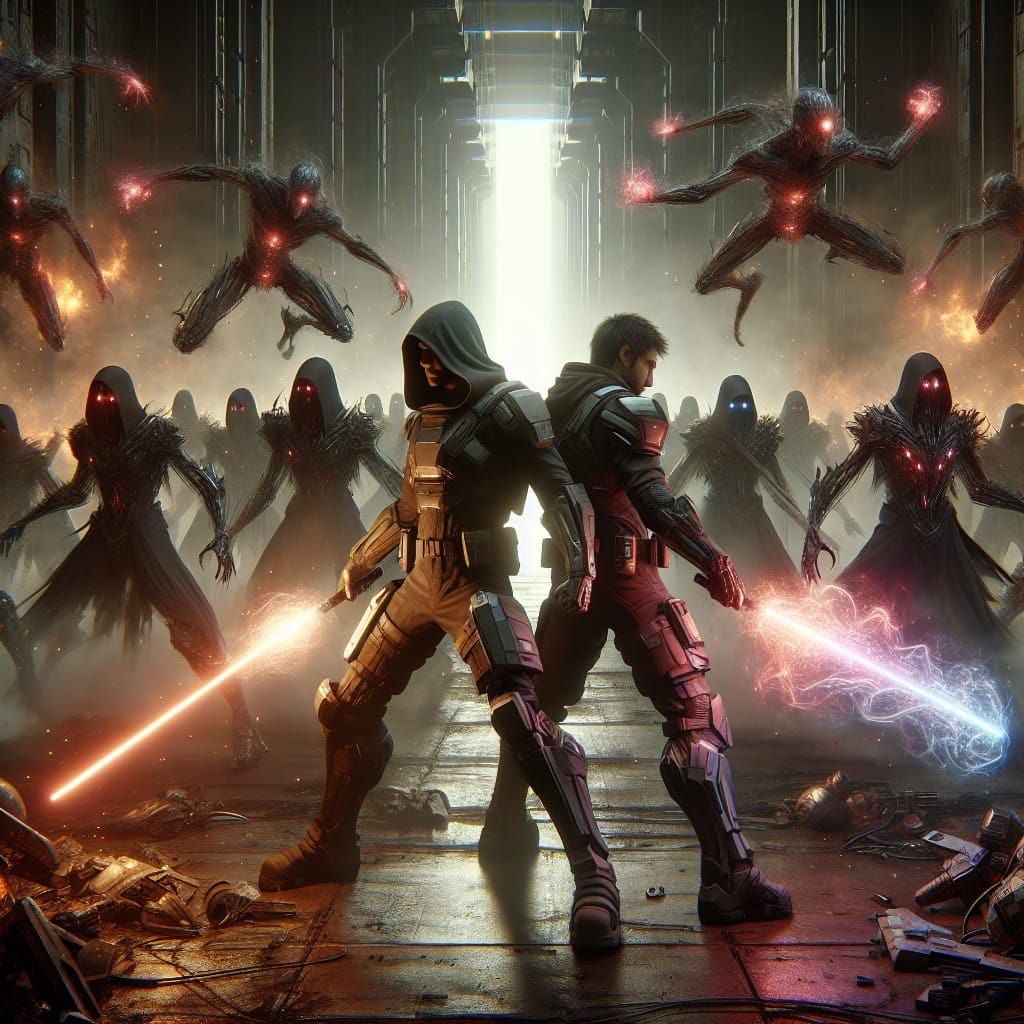 Epic Space Warriors in a Smoky Battlefield