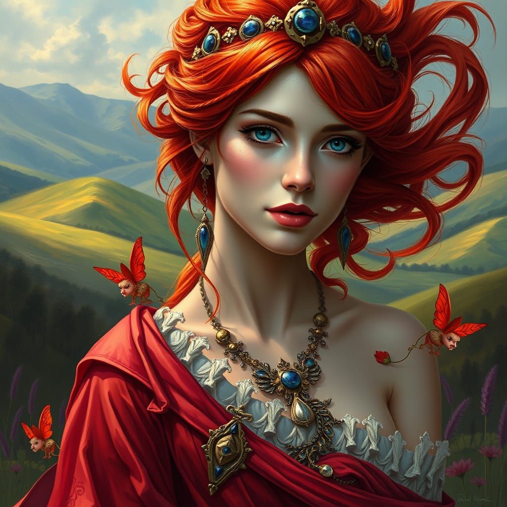 Regal Redhead with Pixies in Hyperrealistic Style