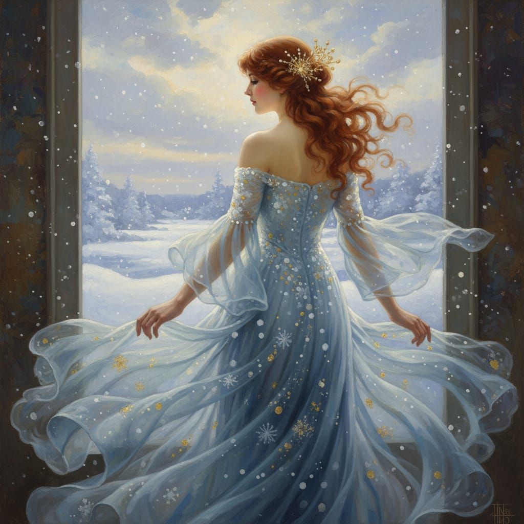 Woman with Auburn Hair and Snowflake Adornment in Blue Gown