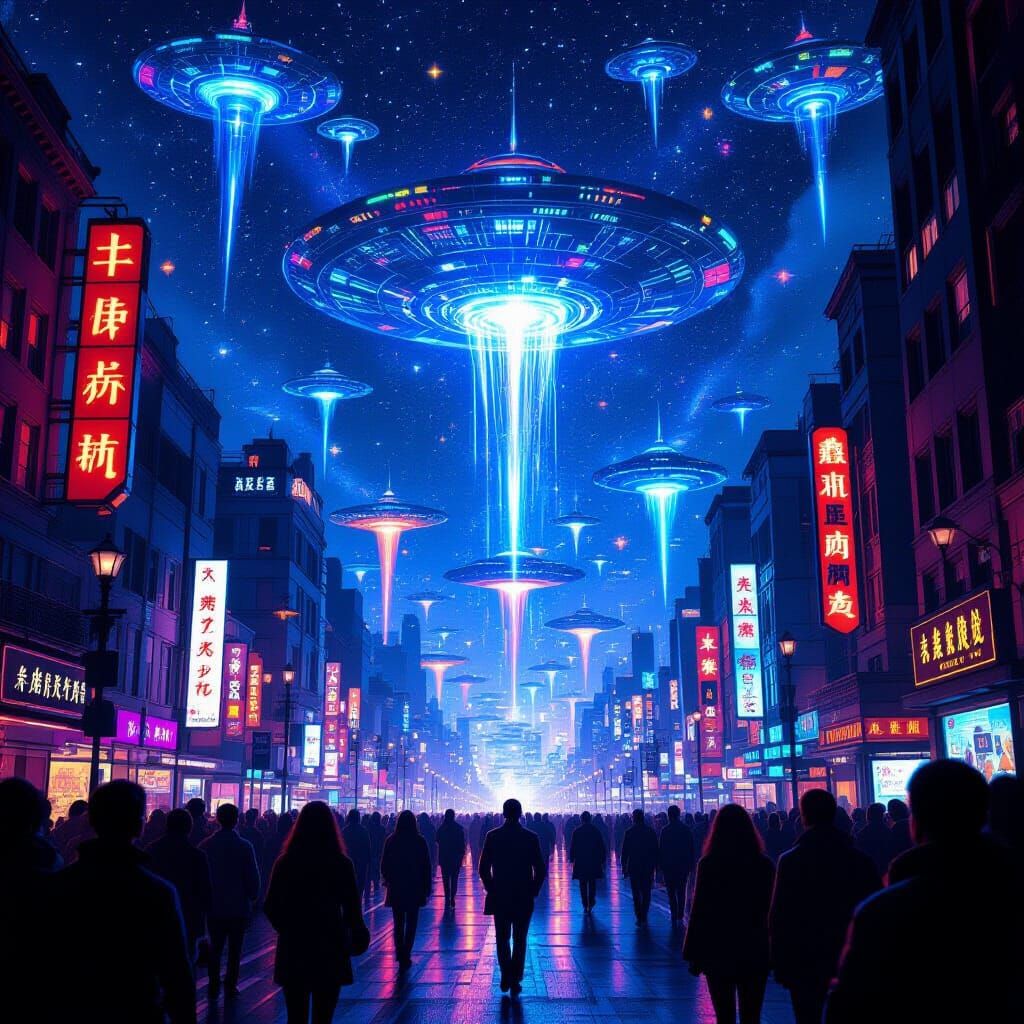 Holographic Alien Invasion Over Neon Metropolis