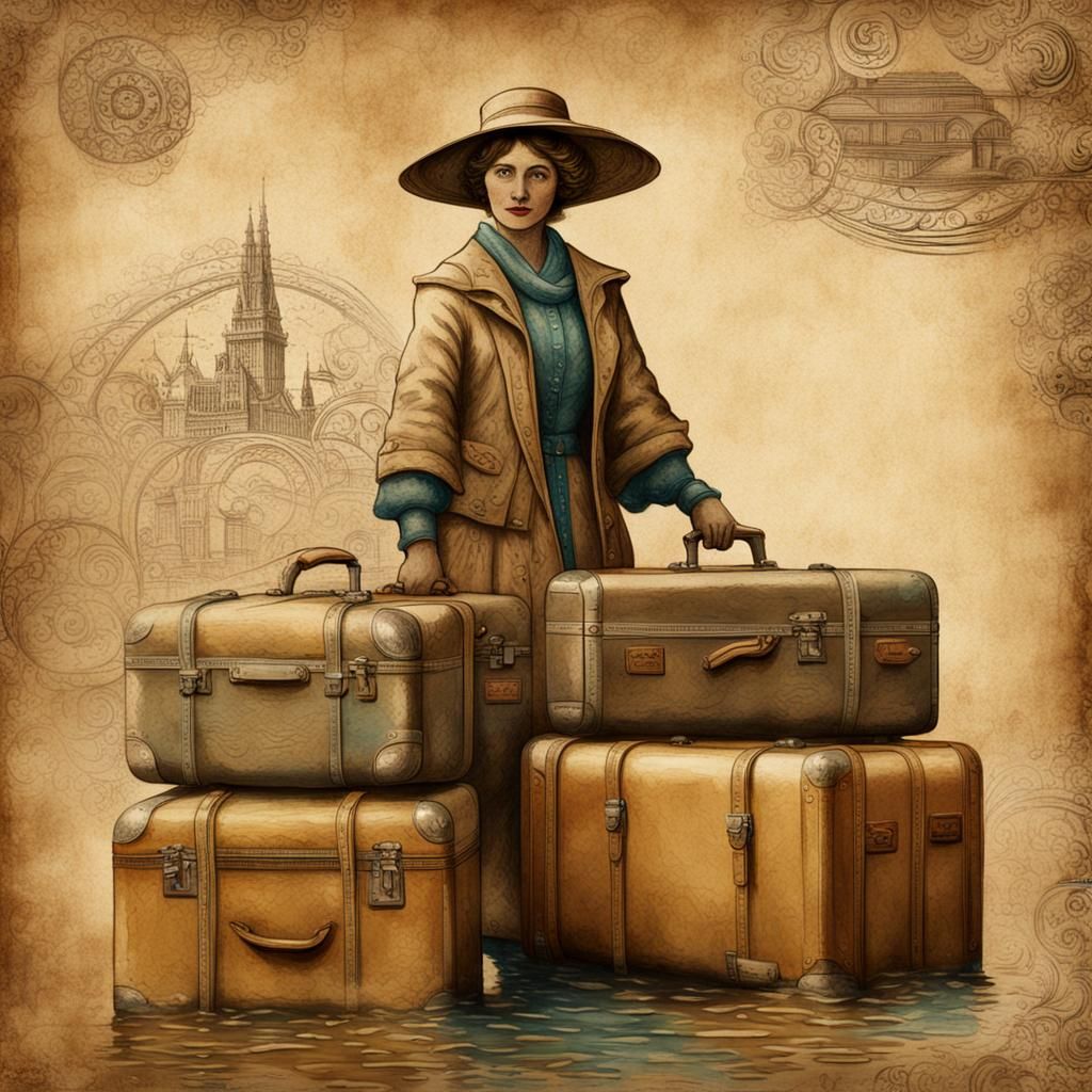 Vintage Embossed Art of Woman with Suitcases