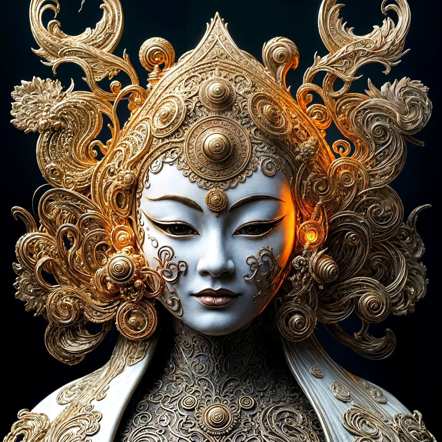 Ornate Biopunk Mask Emerges from Dark Smoke