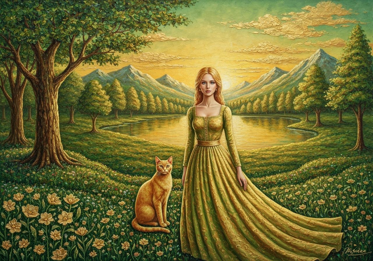 Golden Woman and Cat in Green Landscape Oil Painting