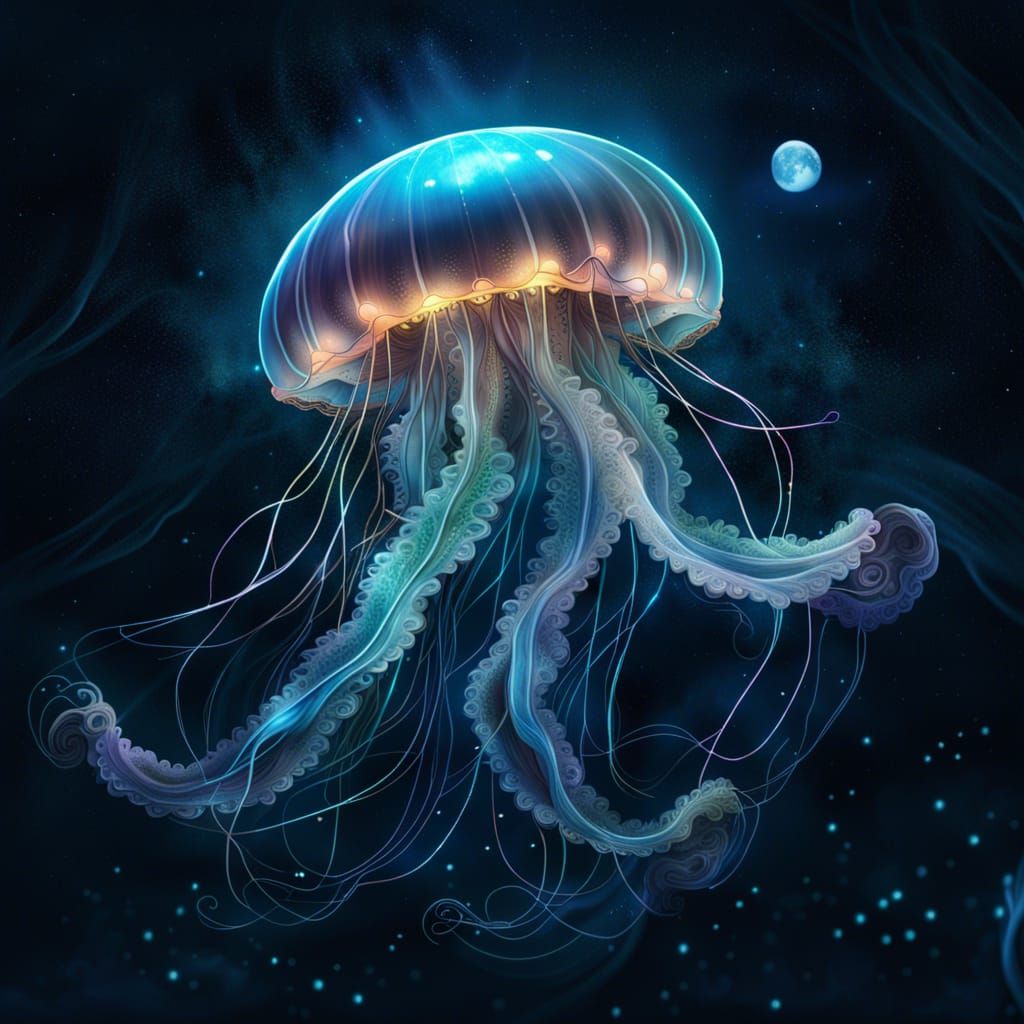 Bioluminescent Jellyfish with Moon and Planets