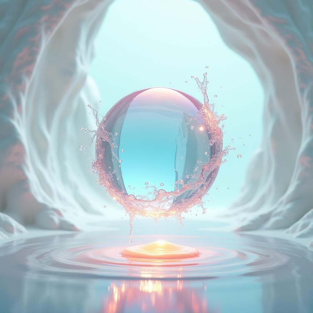Iridescent Water Orb in White Void, Futuristic Concept Art