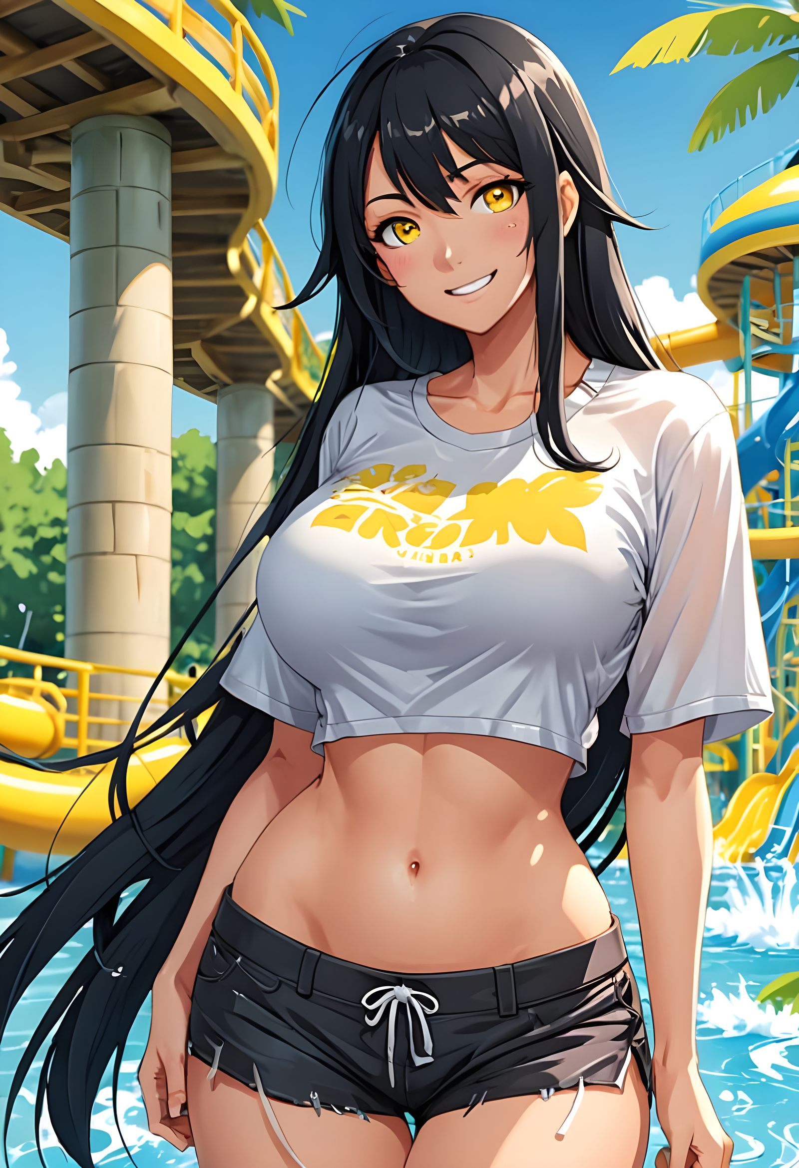 Anime Woman with Yellow Eyes at Water Park