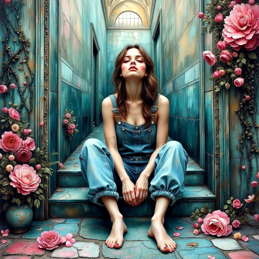 Woman in Dreamscape: Impasto Oil Painting with Textures