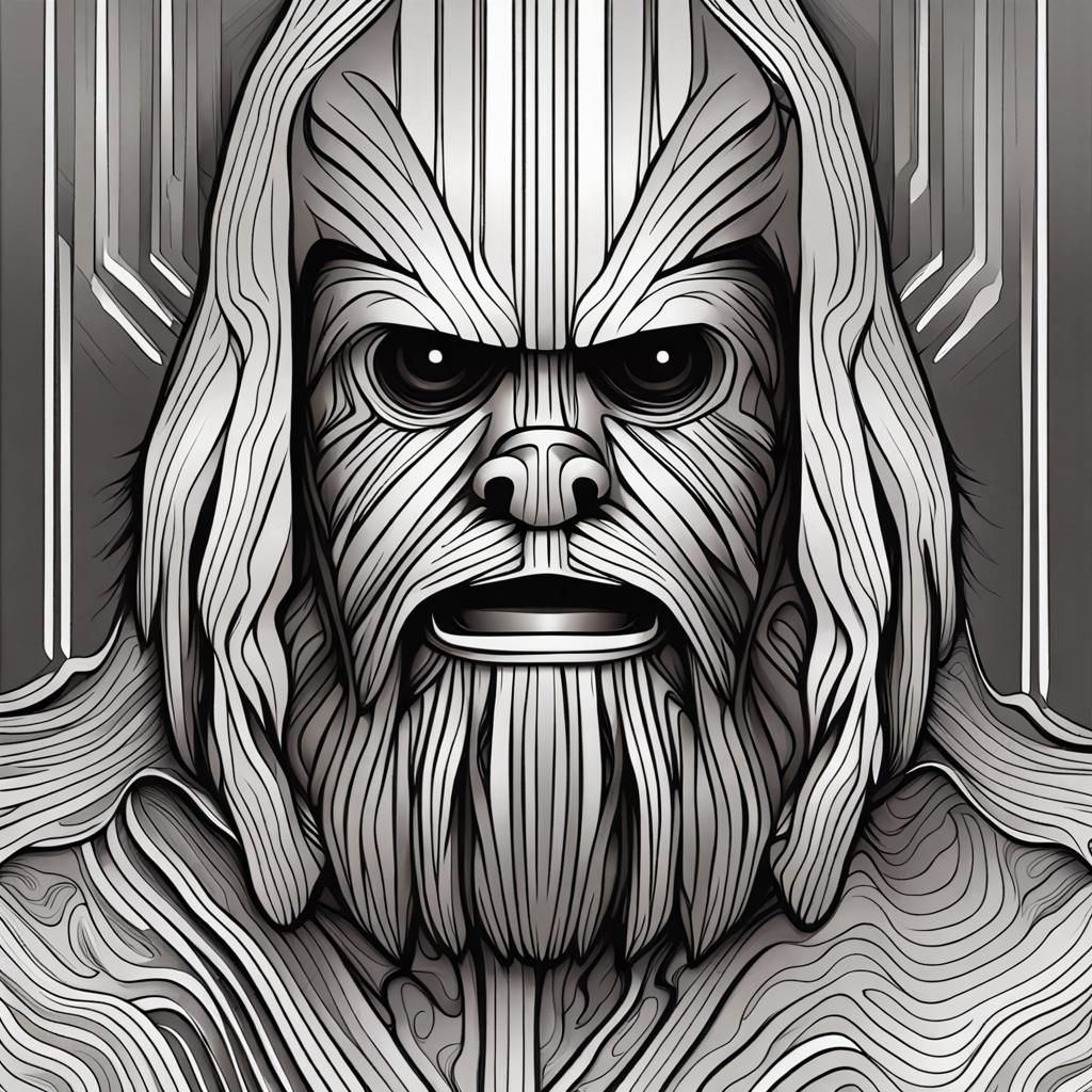 Grayscale Line Art of Chewbacca with Abstract Elements