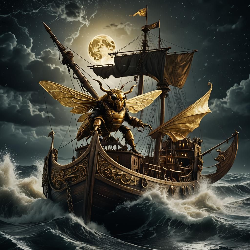 Golden Viking Bee on Drakkar Ship at Night