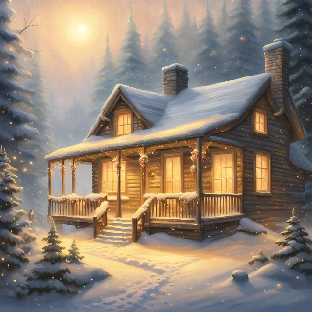 Ethereal Snowy Cabin in Woods with Golden Light
