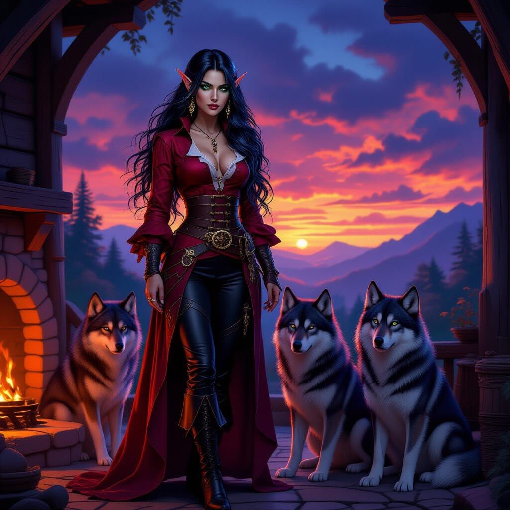Ethereal Elf and Vampire by Hearth with Wolves
