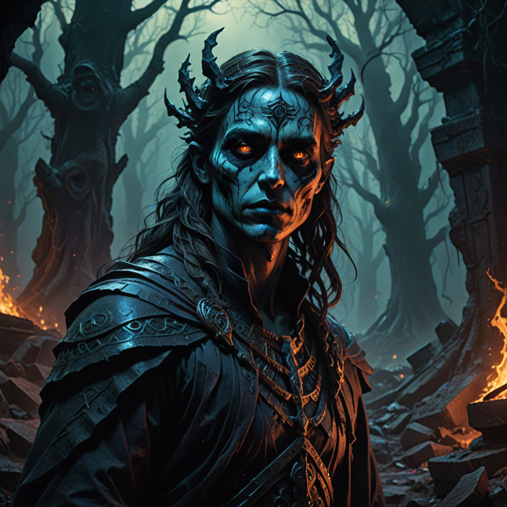 Twisted Figure Amidst Dark, Ancient Tombs