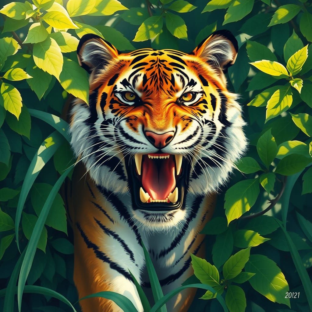 Majestic Tiger Emerge from Tropical Leaves in Vibrant Colors