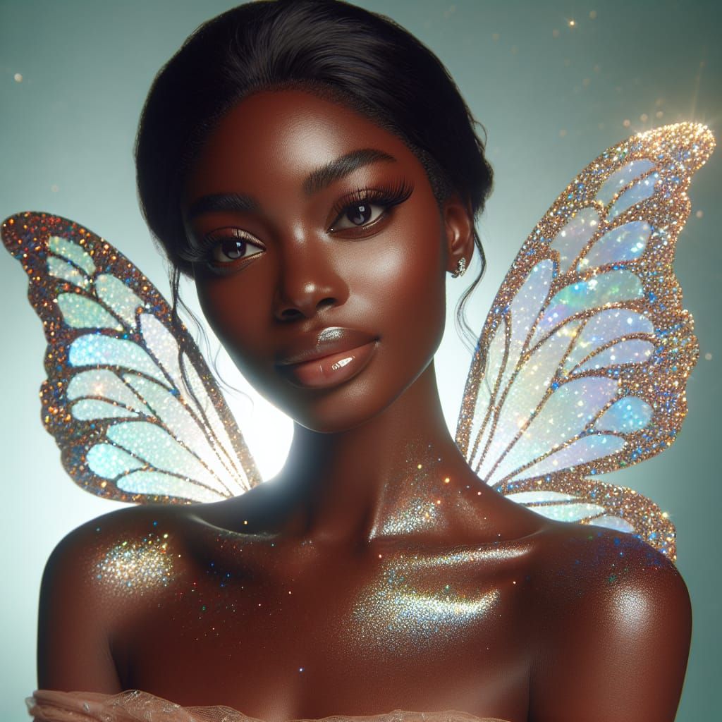 Beautiful Black woman with glittery butterfly wings