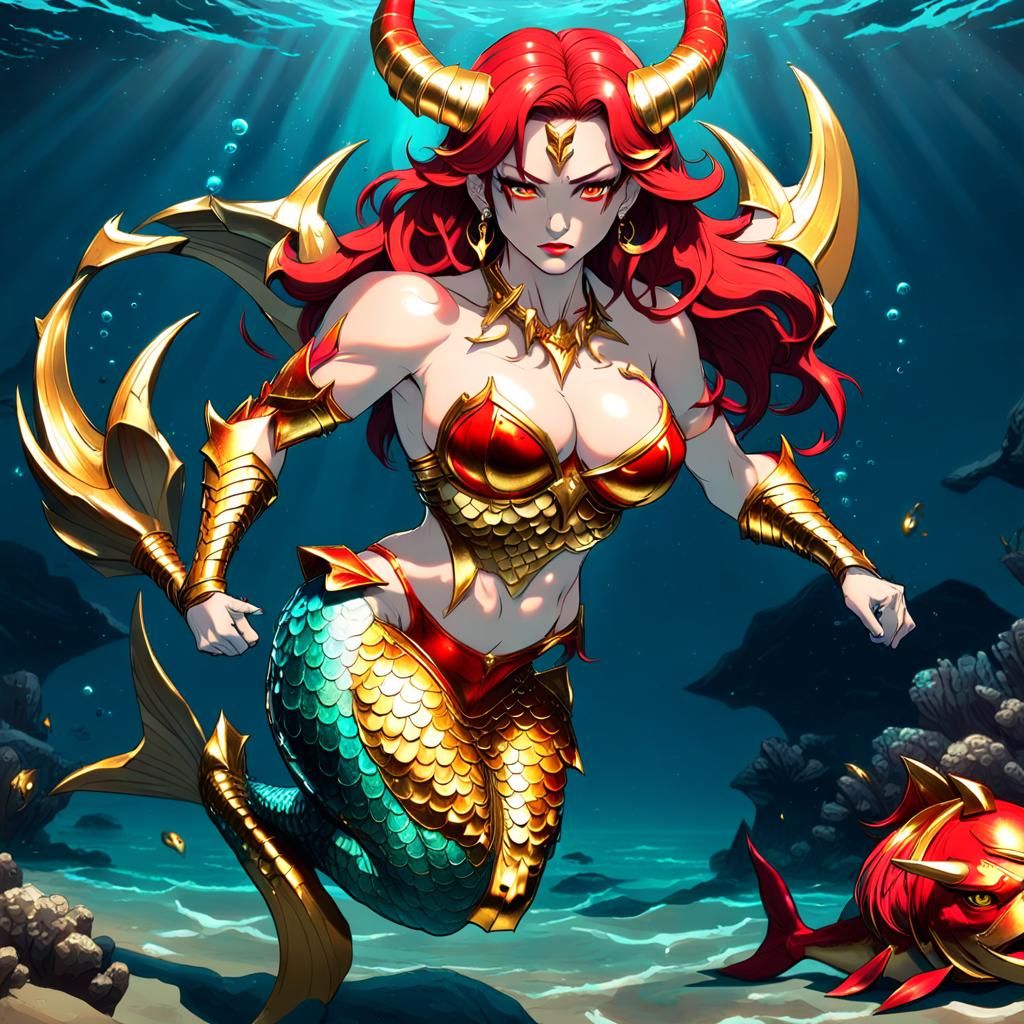 Hyperrealistic Muscle Mermaid in Gold Bikini Armor