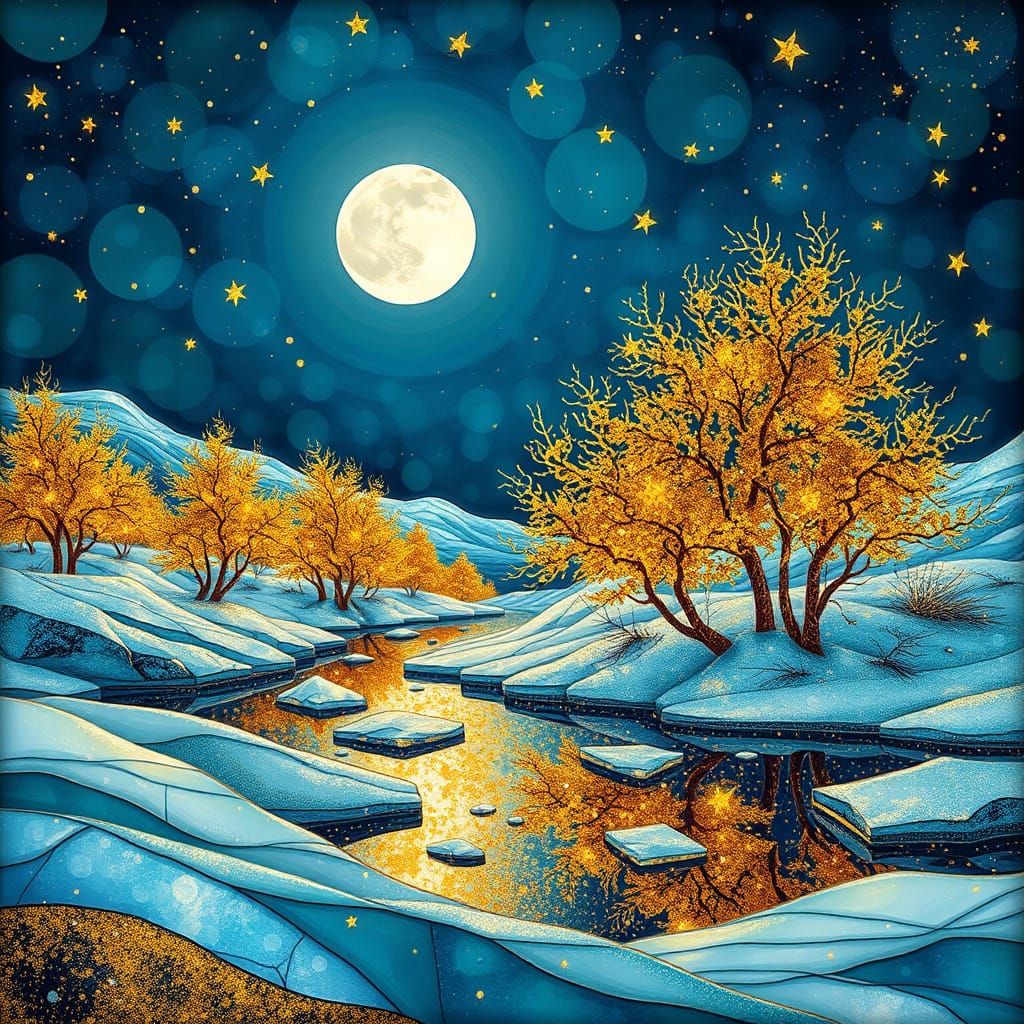 Arctic Tundra with Glimmering Ice Floes in Stained Glass