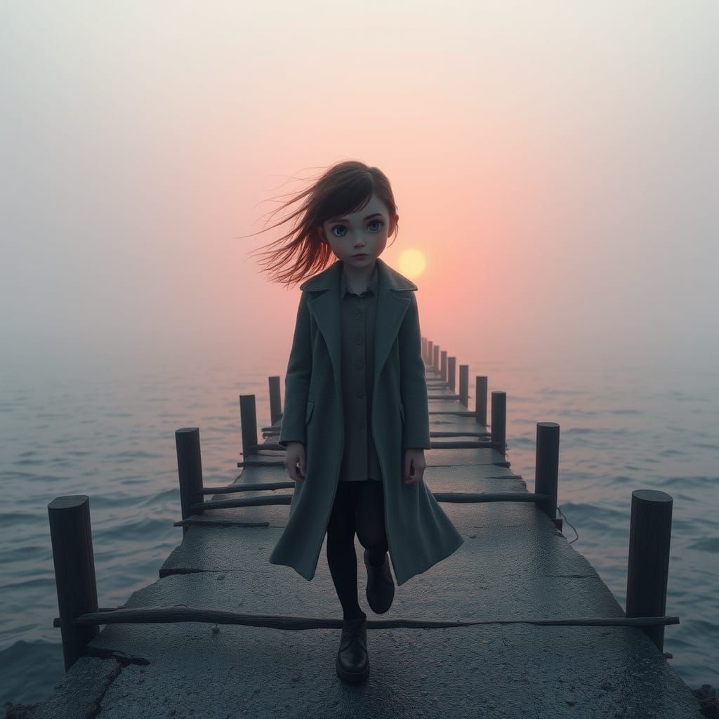 Girl on Mysterious, Misty Pier at Dawn