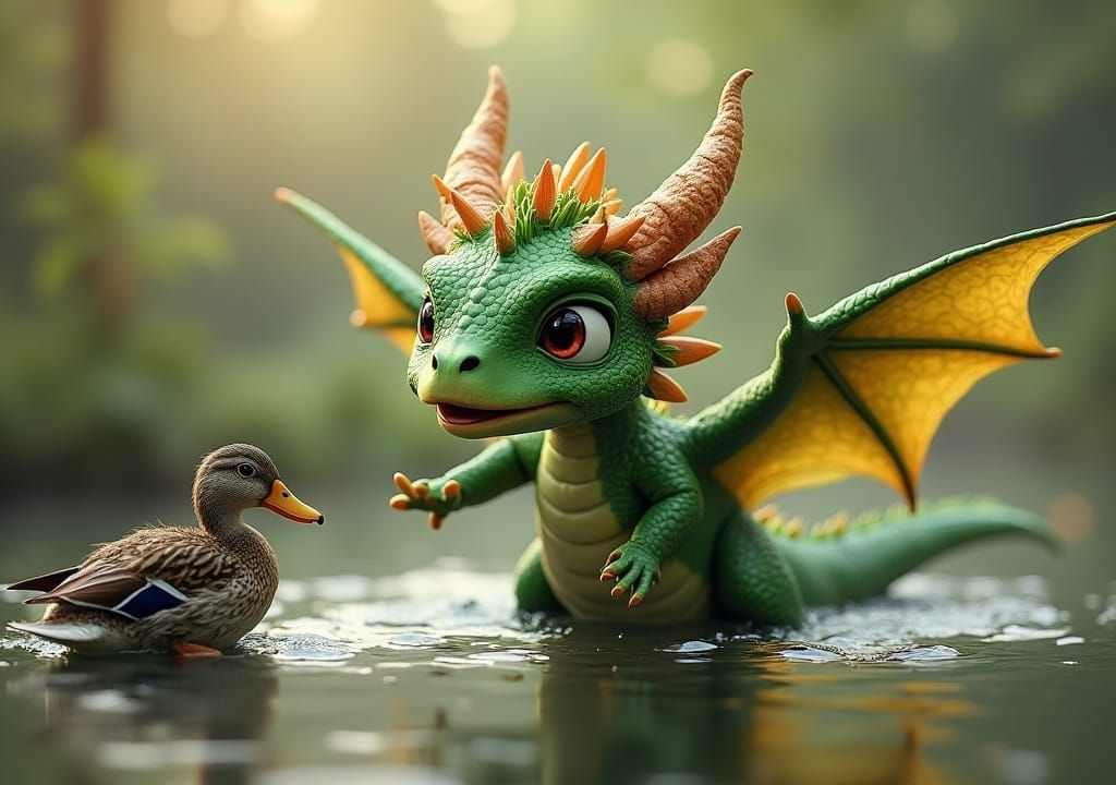 Playful Green Dragon Chasing Duck, Hyperrealistic Digital Ar...