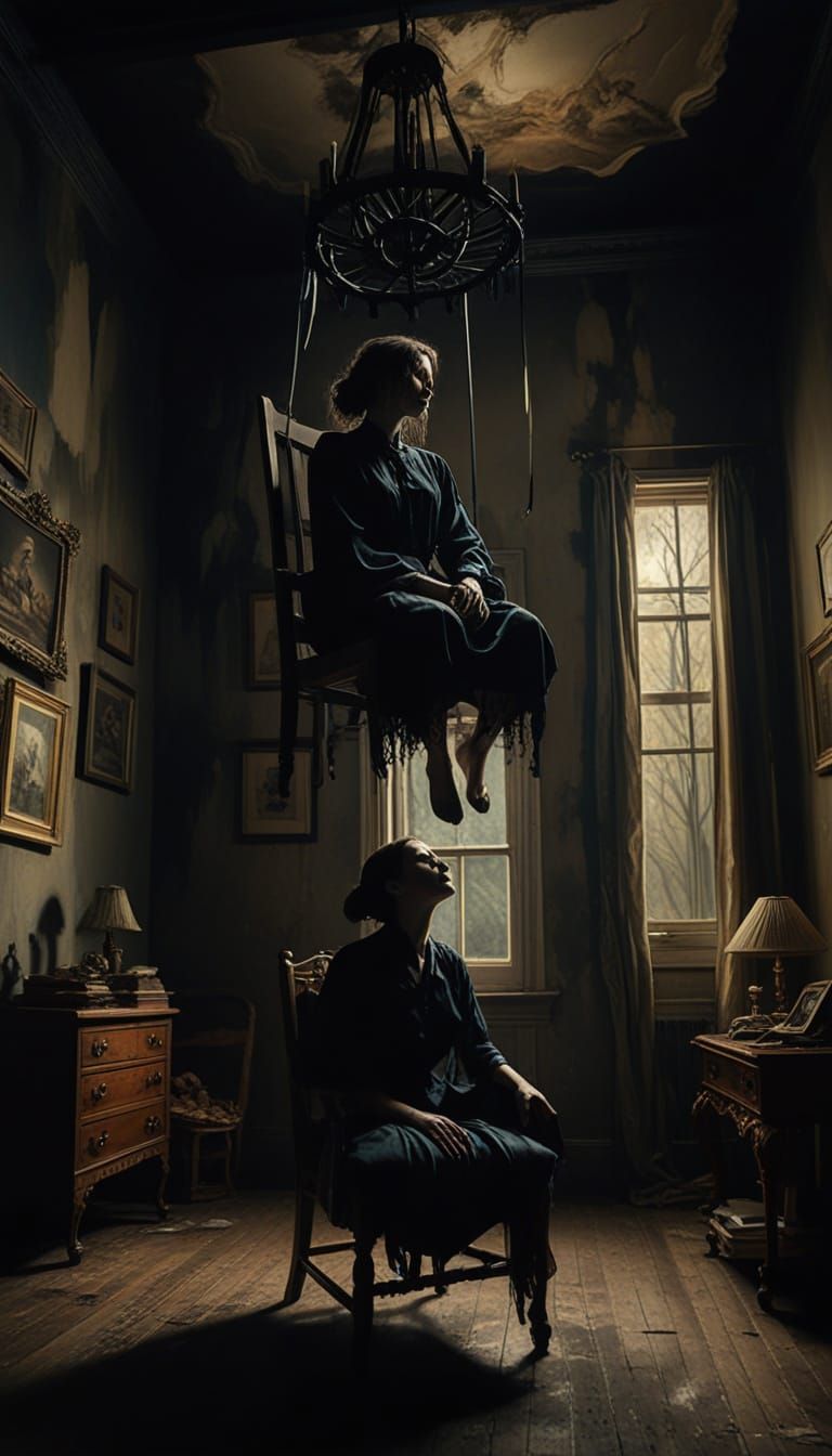 Surreal Hanging Figure in Dark Bedroom Concept Art