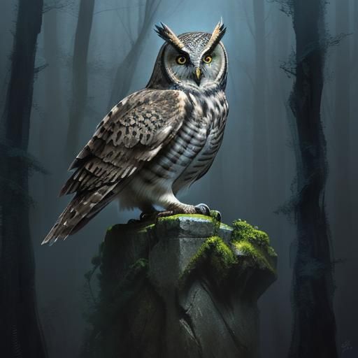 Wise Old Owl in Misty Forest: Oil Painting