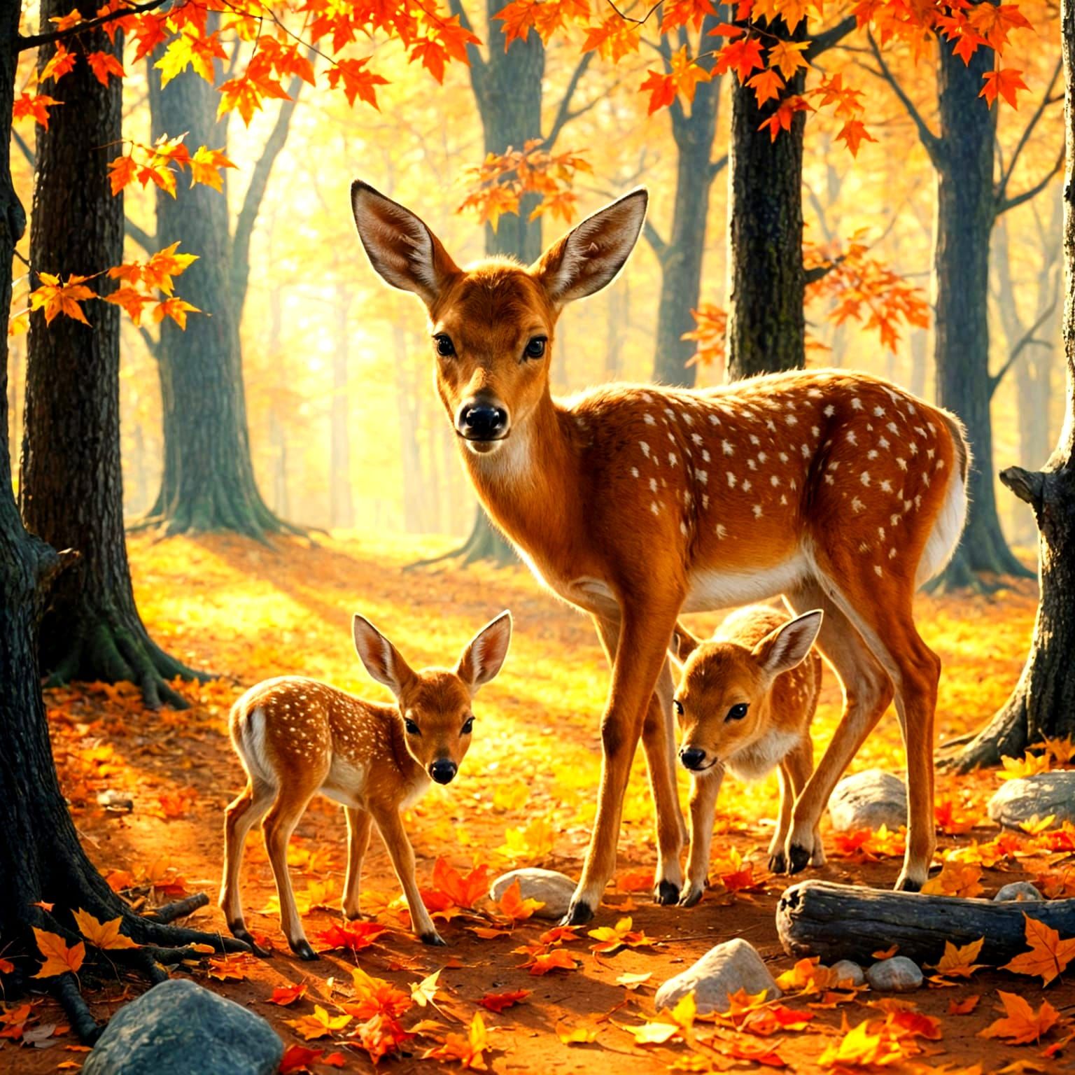 Deer Family Enjoying Fall Forest in Warm Sunlight