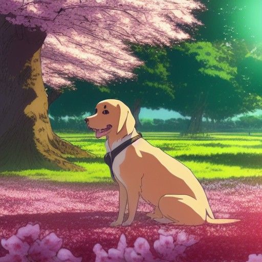 Dog with Sunglasses Under Cherry Blossom Tree, Anime Style